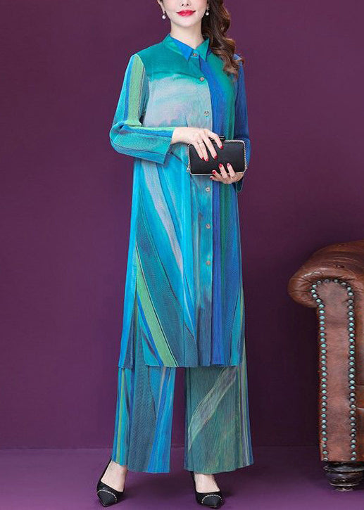 Blue Print Side Open Silk Long Shirt and Wide Leg Pants Two Pieces Set Spring Ly1017