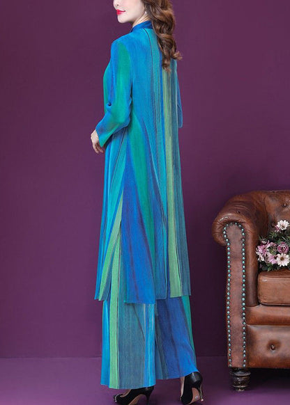 Blue Print Side Open Silk Long Shirt and Wide Leg Pants Two Pieces Set Spring Ly1017