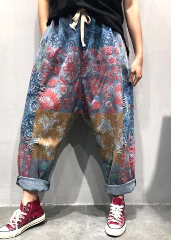 Blue Print Tie Waist Ripped Wide Leg Pants Summer Tq1048