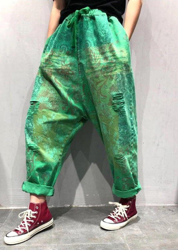 Blue Print Tie Waist Ripped Wide Leg Pants Summer Tq1048