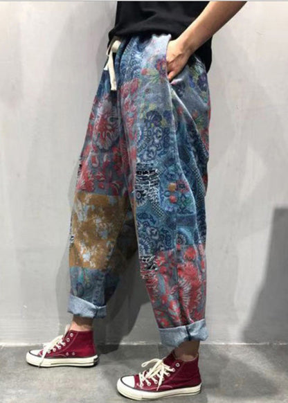 Blue Print Tie Waist Ripped Wide Leg Pants Summer Tq1048