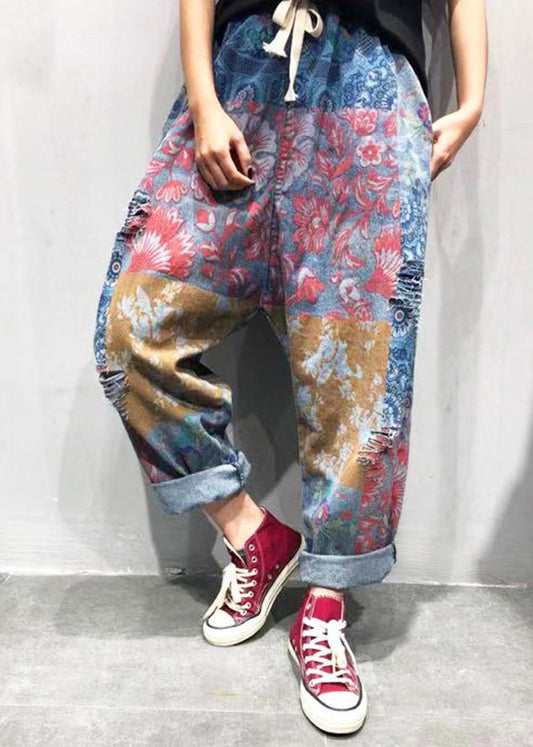 Blue Print Tie Waist Ripped Wide Leg Pants Summer Tq1048