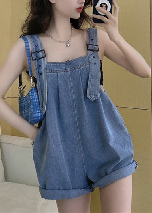 Blue Slash Neck Patchwork Button Jumpsuit Pants Summer Ly0196
