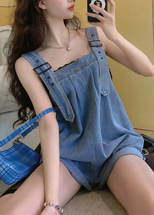 Blue Slash Neck Patchwork Button Jumpsuit Pants Summer Ly0196