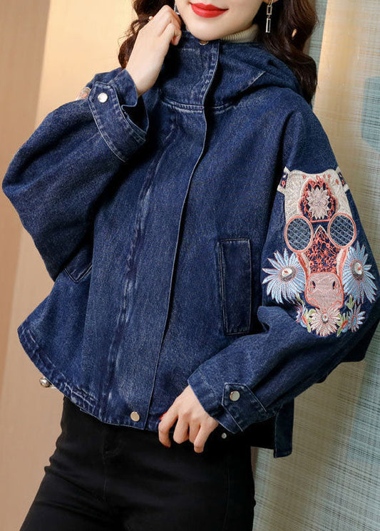 Blue Stand Collar Embroideried Denim Coats Spring Ac2007