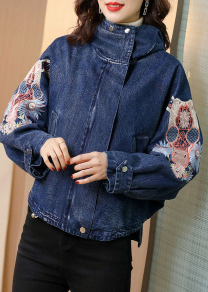 Blue Stand Collar Embroideried Denim Coats Spring Ac2007