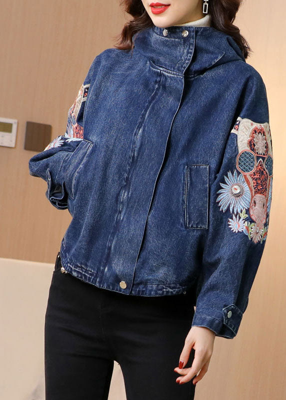 Blue Stand Collar Embroideried Denim Coats Spring Ac2007