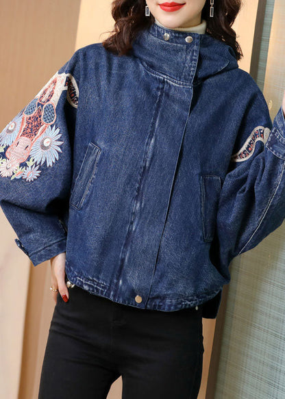 Blue Stand Collar Embroideried Denim Coats Spring Ac2007