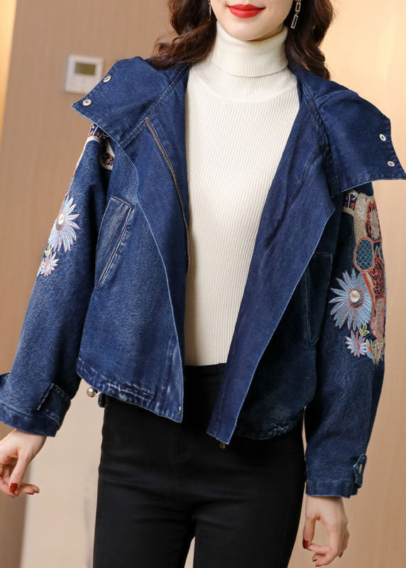 Blue Stand Collar Embroideried Denim Coats Spring Ac2007