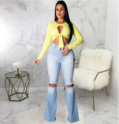 Blue Washed Flare Denim Mom Jeans Skinny Side Stripe High Waisted Sequined Pant