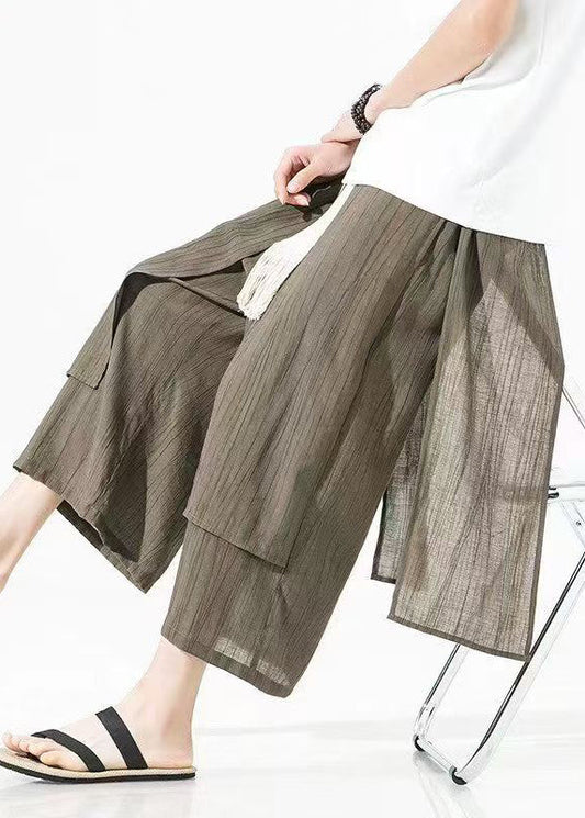 Brown Asymmetrical Patchwork Cotton Pants Crop Summer Sa044