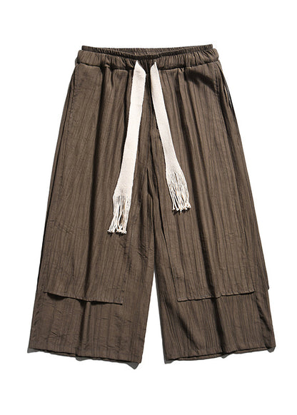 Brown Asymmetrical Patchwork Cotton Pants Crop Summer Sa044