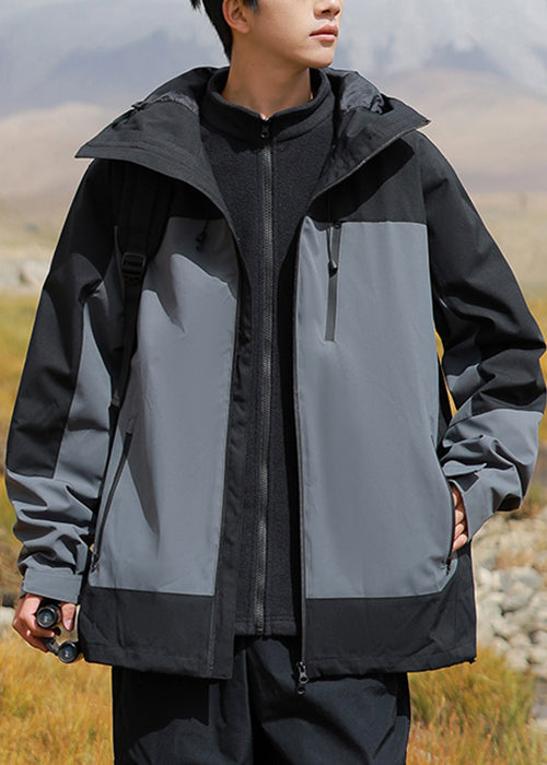 Hooded Brown Cotton Zippered Patchwork Coats
