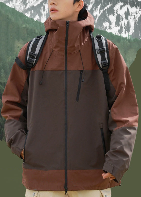 Hooded Brown Cotton Zippered Patchwork Coats