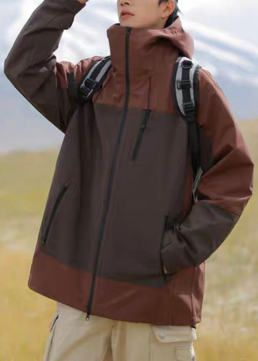 Hooded Brown Cotton Zippered Patchwork Coats