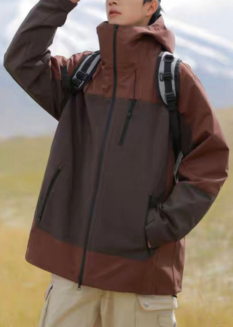 Hooded Brown Cotton Zippered Patchwork Coats