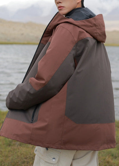 Hooded Brown Cotton Zippered Patchwork Coats