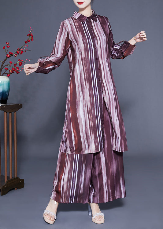 Brown Peter Pan Collar Tie Dye Silk Long Shirt and Straight Pants Two Pieces Set Spring Lc0409