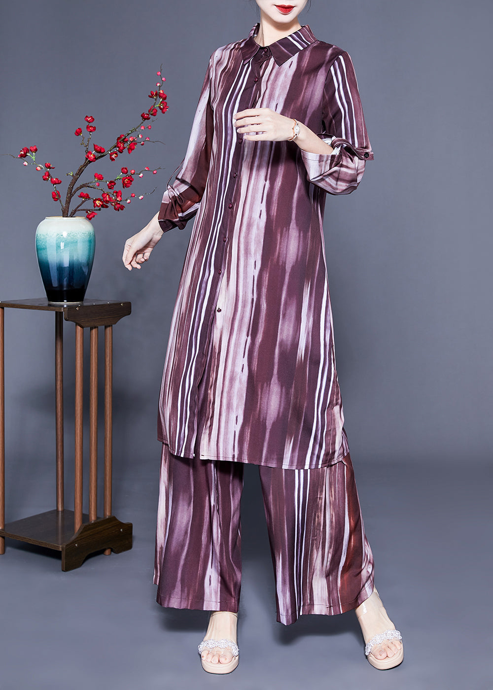 Brown Peter Pan Collar Tie Dye Silk Long Shirt and Straight Pants Two Pieces Set Spring Lc0409