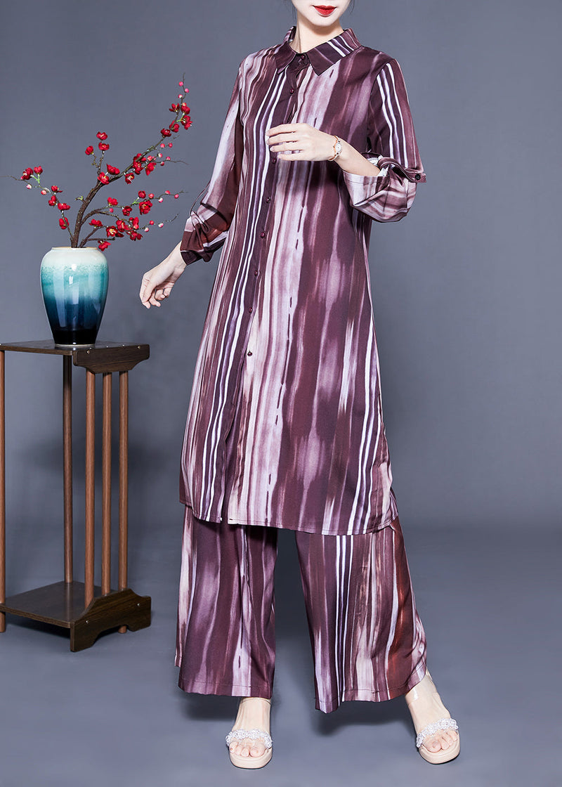 Brown Peter Pan Collar Tie Dye Silk Long Shirt and Straight Pants Two Pieces Set Spring Lc0409
