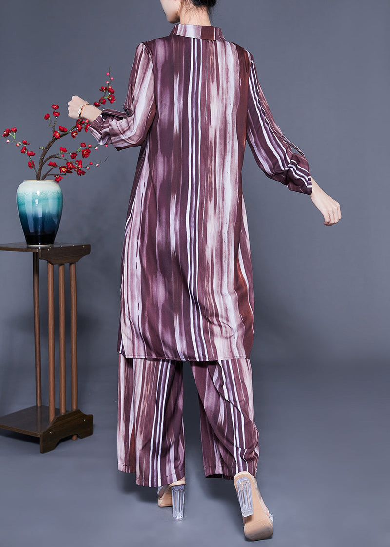 Brown Peter Pan Collar Tie Dye Silk Long Shirt and Straight Pants Two Pieces Set Spring Lc0409