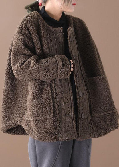 Coffee O-neck Pockets Fall Winter Thick Coats Long Sleeve Qs042