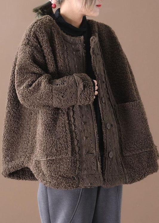 Coffee O-neck Pockets Fall Winter Thick Coats Long Sleeve Qs042