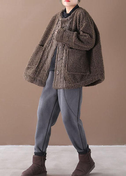 Coffee O-neck Pockets Fall Winter Thick Coats Long Sleeve Qs042