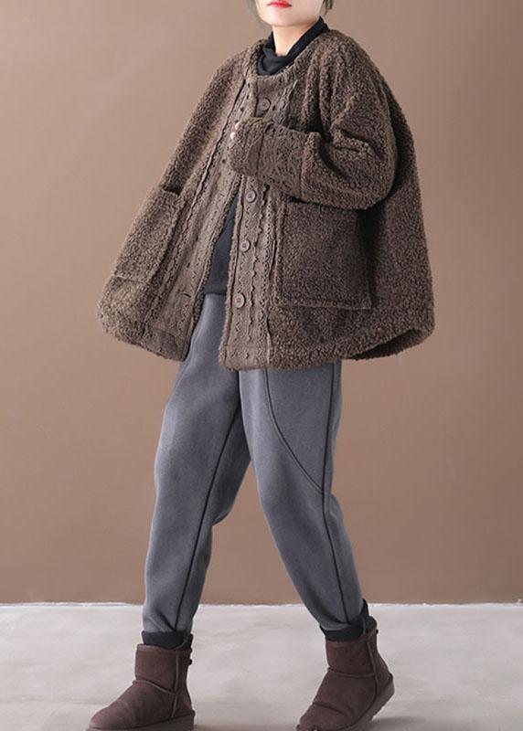 Coffee O-neck Pockets Fall Winter Thick Coats Long Sleeve Qs042