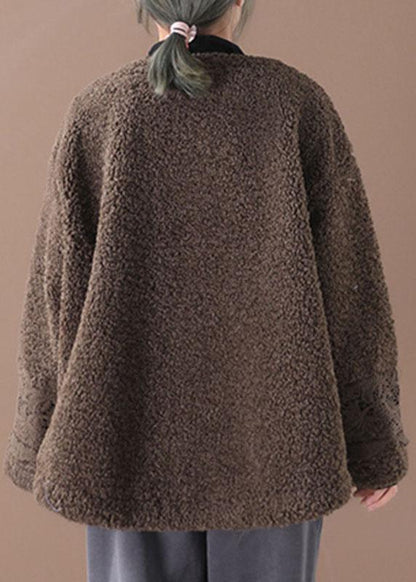 Coffee O-neck Pockets Fall Winter Thick Coats Long Sleeve Qs042