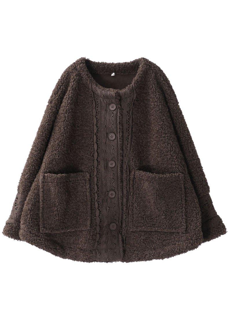 Coffee O-neck Pockets Fall Winter Thick Coats Long Sleeve Qs042