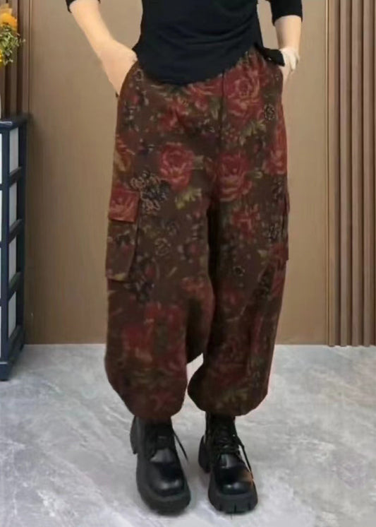 Coffee Pockets Print Elastic Waist Cotton Pants Spring Bv061