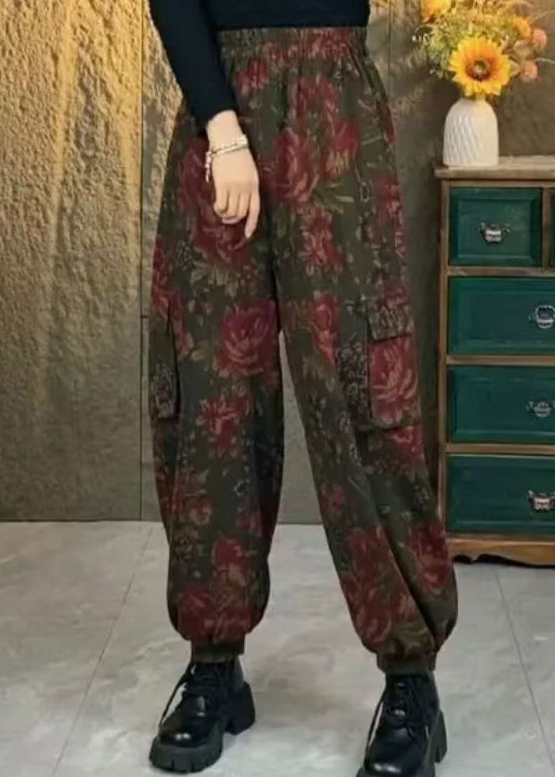 Coffee Pockets Print Elastic Waist Cotton Pants Spring Bv061