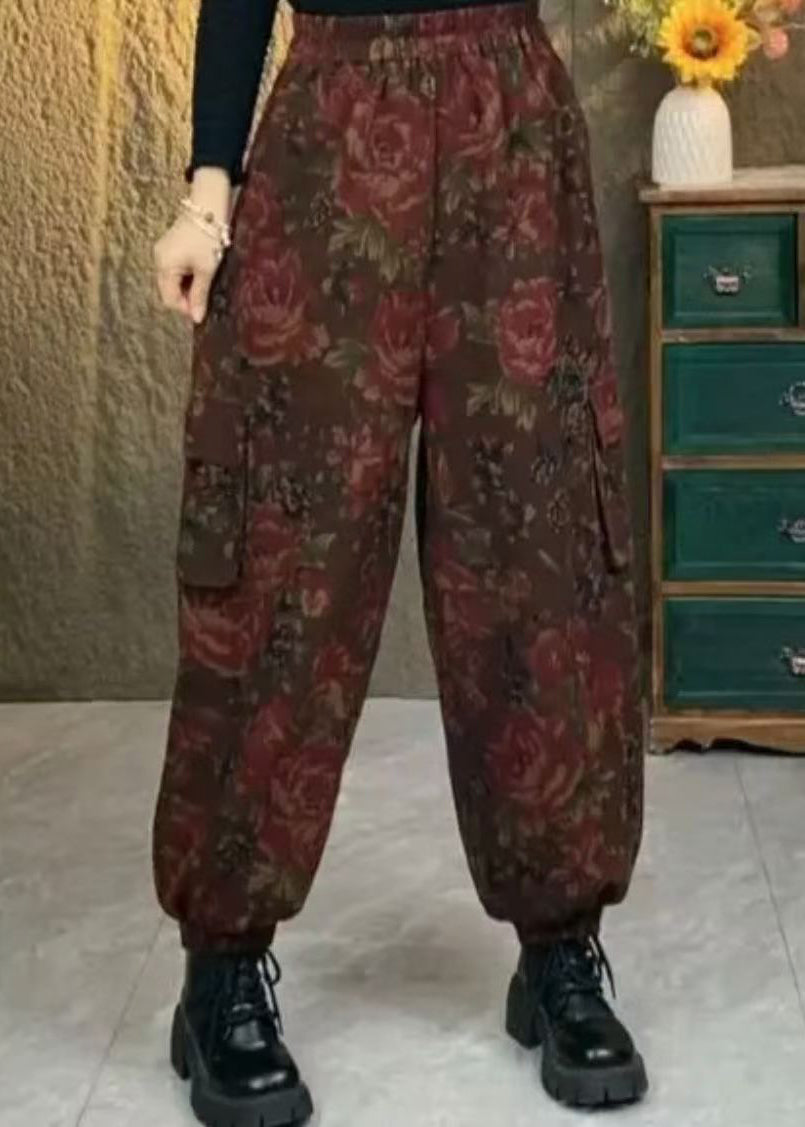 Coffee Pockets Print Elastic Waist Cotton Pants Spring Bv061