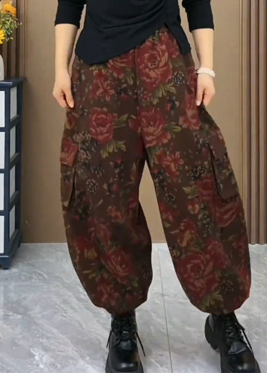 Coffee Pockets Print Elastic Waist Cotton Pants Spring Bv061