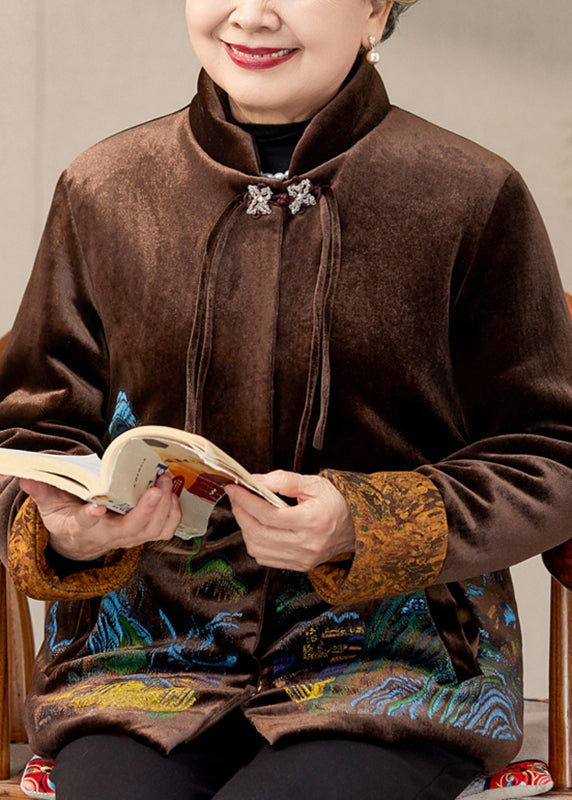Coffee Print Pockets Silk Velvet Warm Coats Spring Ta012