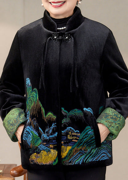 Coffee Print Pockets Silk Velvet Warm Coats Spring Ta012