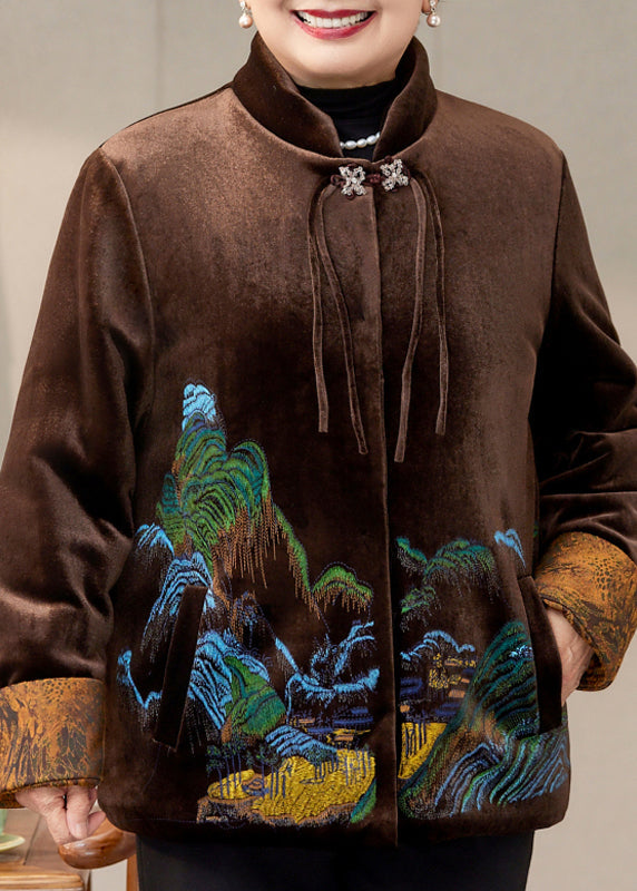 Coffee Print Pockets Silk Velvet Warm Coats Spring Ta012