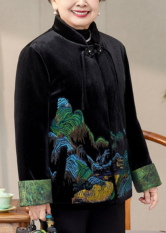 Coffee Print Pockets Silk Velvet Warm Coats Spring Ta012