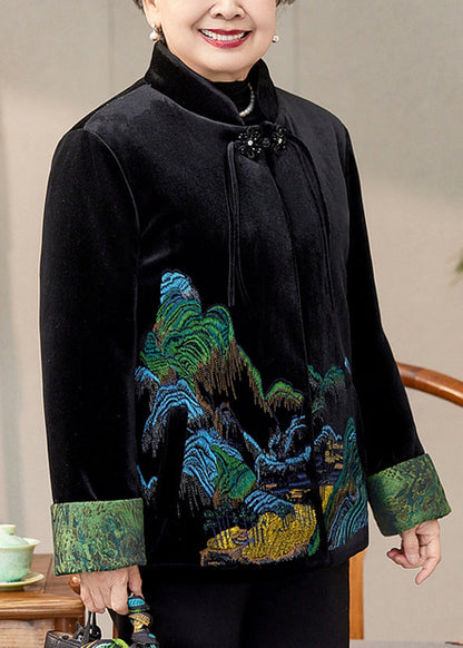 Coffee Print Pockets Silk Velvet Warm Coats Spring Ta012