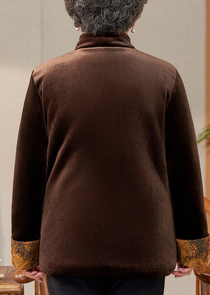 Coffee Print Pockets Silk Velvet Warm Coats Spring Ta012