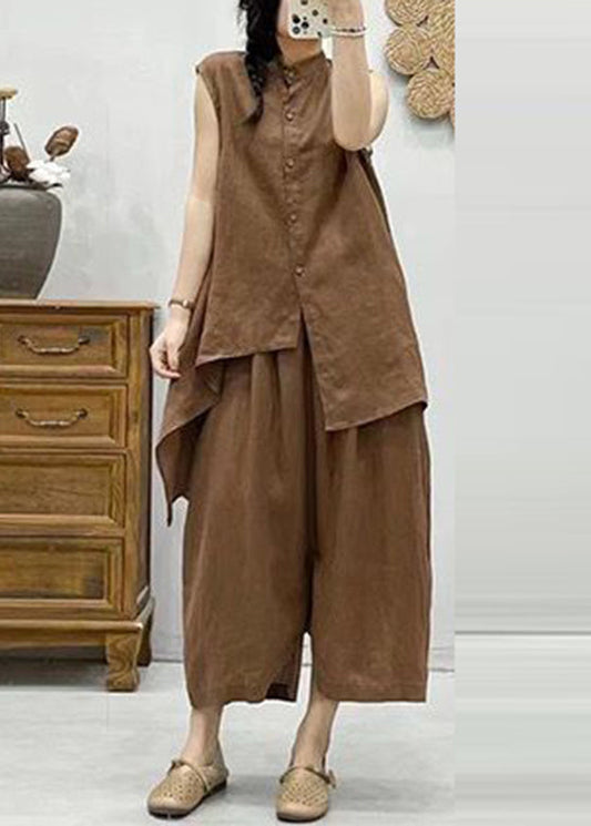 Coffee Stand Collar Asymmetrical Patchwork Linen Waistcoat and Crop Pants Two Pieces Set Summer Vv075