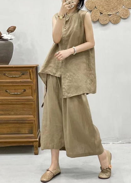 Coffee Stand Collar Asymmetrical Patchwork Linen Waistcoat and Crop Pants Two Pieces Set Summer Vv075