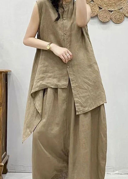 Coffee Stand Collar Asymmetrical Patchwork Linen Waistcoat and Crop Pants Two Pieces Set Summer Vv075