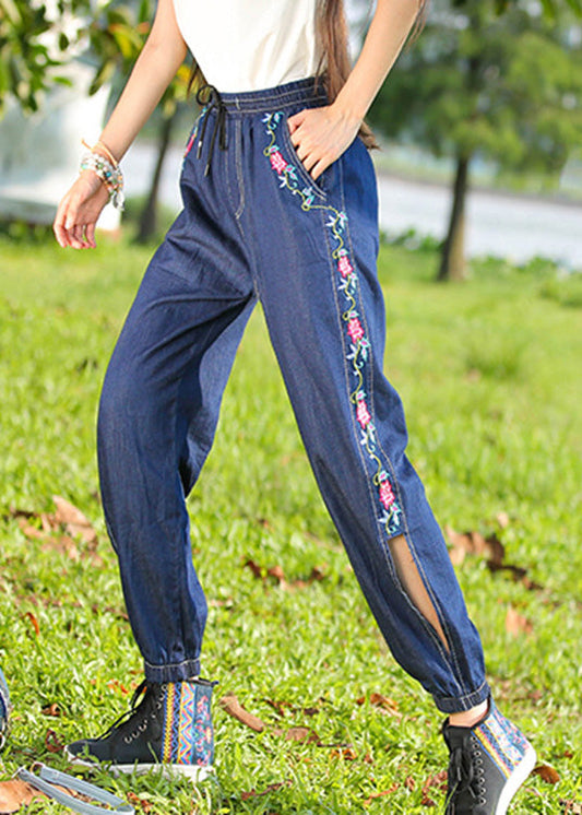 Denim Blue Embroideried High Waist Cotton Lantern Pants Summer Ly0197
