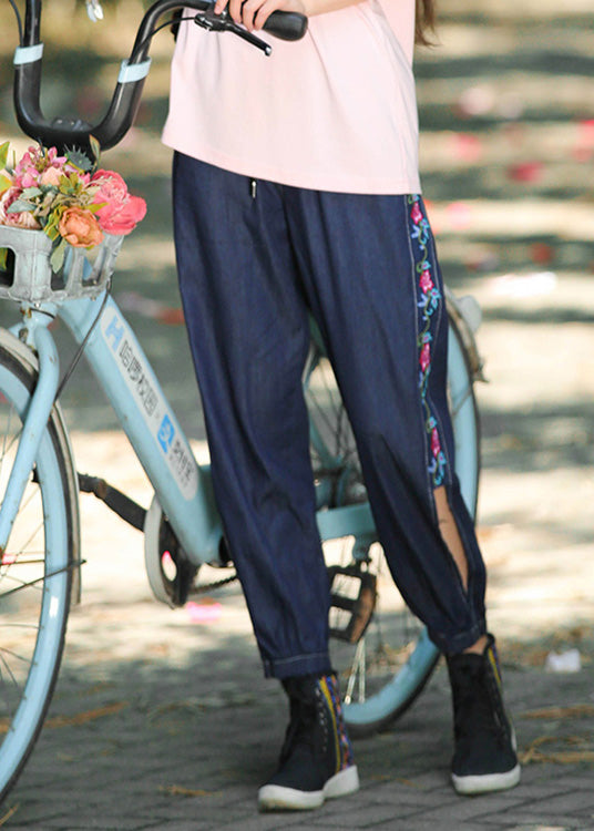 Denim Blue Embroideried High Waist Cotton Lantern Pants Summer Ly0197