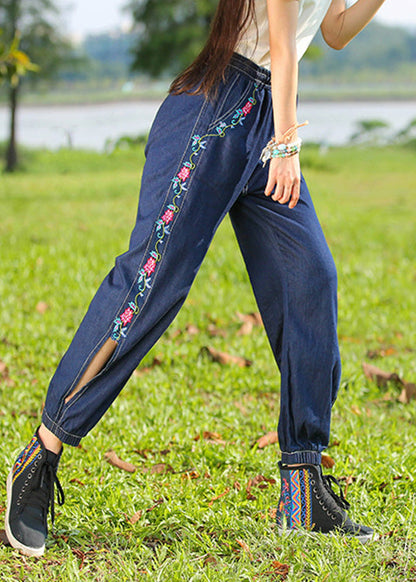 Denim Blue Embroideried High Waist Cotton Lantern Pants Summer Ly0197