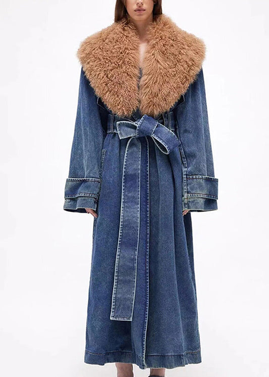 Denim Blue Fur Collar Patchwork Tie Waist Long Trench Coats Winter Rp002