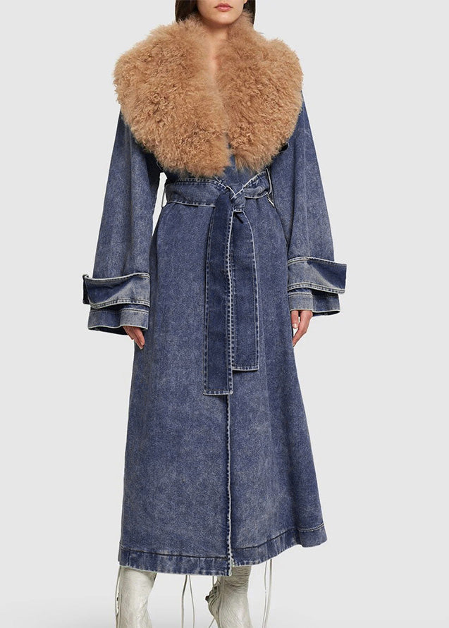 Denim Blue Fur Collar Patchwork Tie Waist Long Trench Coats Winter Rp002
