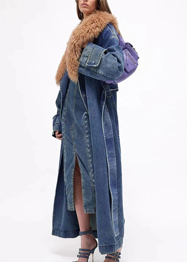 Denim Blue Fur Collar Patchwork Tie Waist Long Trench Coats Winter Rp002